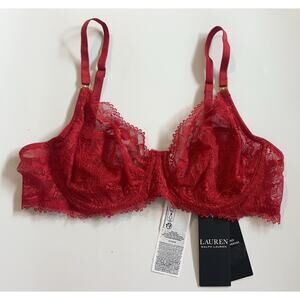 NWT Lauren Ralph Lauren Lace Bra 36A Ruby Red Underwire Unlined Sheer